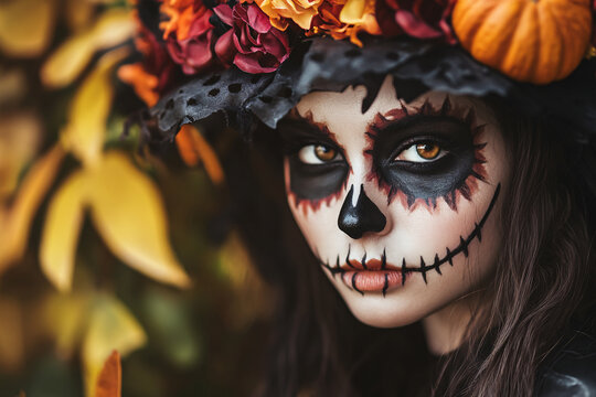Young woman with black Halloween witch costume with hat and skull makeup