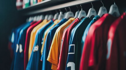 professional sports team's locker room with jerseys hanging on hooks