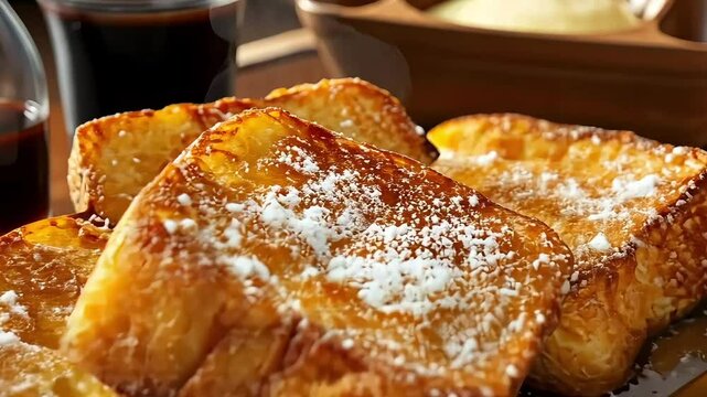 Close-up of torrijas, spanish toast with powdered sugar on a plate, served for breakfast, zoom in
