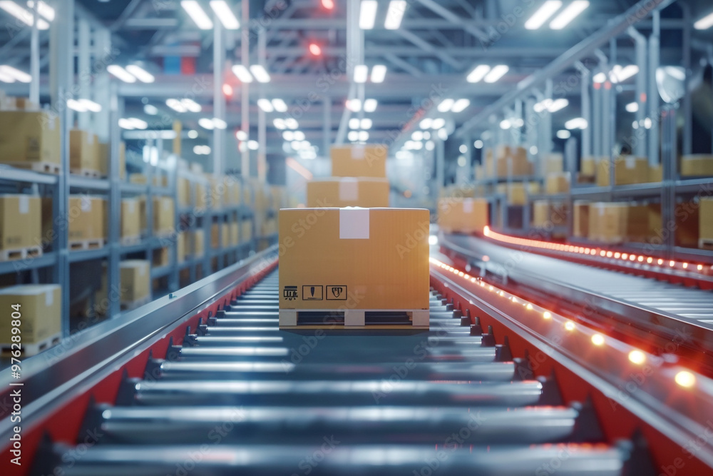 Poster automated smart warehouse system in action cardboard boxes on conveyor ready for shipment showcasing