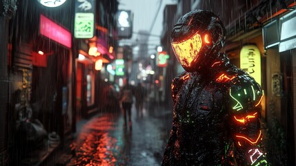 Fototapeta premium Futuristic soldier in glowing armor standing in a rainy cyberpunk city alley.