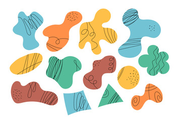 Abstract elements isolated vector set. Minimalist colorful shapes with decorative doodle line patterns. Creative hand drawn design blobs, geometric shapes. Playful trendy decor squiggle elements