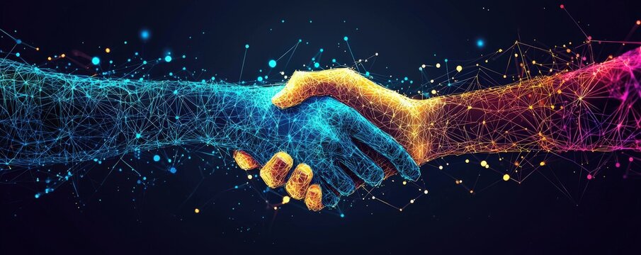 A stylized depiction of two hands in an abstract digital form, grasping in a handshake with flowing, luminous lines and holographic details, evoking themes of teamwork and futuristic partnership.