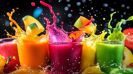 Fresh fruit juices splashing in glasses with a black background.