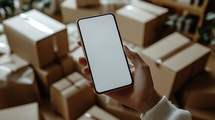 Close-up hand holding smartphone mockup with white screen and space for text on blurred background of many boxes, paper bags and parcels. Black friday shopping. Cyber monday shopping.
