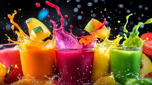 Fresh fruit juices splashing in glasses with a black background.