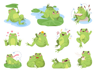 Croaking frogs. Cartoon frog or toad funny cute characters, swamp froglets hop pose froggy pond comic mascot set, green toads aquatic amphibian tongue swanky vector illustration