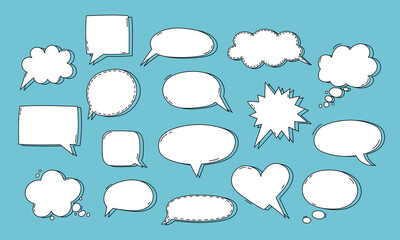 Speech bubbles vector set. Isolated design elements for text, thought, dialogue, conversation. Hand drawn doodle communication frames. Cloud, round and oval, heart, square and rectangular shapes