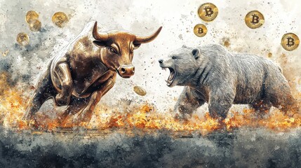 A detailed business wallpaper concept showing a bronze bull charging towards a silver bear, with Bitcoin coins and money symbols falling around them, all set against a backdrop of stock market