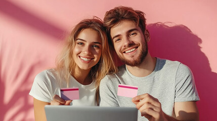 Happy smiling couple man and woman doing online shopping in front of laptop, hold credit cards in their hands on pink wall background with sunlight. Shopping of black friday and cyber monday.