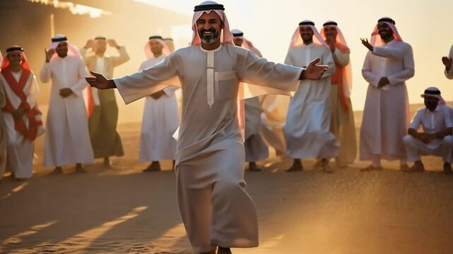 Traditional Emirati male dance Al Ayalah at Al Hosn festival. Emirates