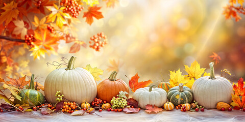 Autumn Harvest Display with Pumpkins, Colorful Leaves, and Berries in Sunlit Nature Setting. banner