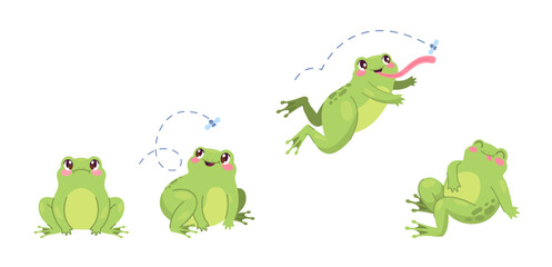 Hungry frog. Frogs catching insect, ravenous toad hunting on insects for eat, hunt jump fly funny amphibian animal froggy mood reptile wildlife, cartoon swanky vector illustration