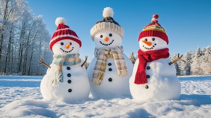 Obraz premium Family of Snowmen with Scarves and Hats in a Sunny Winter Wonderland