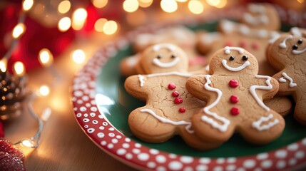 Gingerbread Cookies with Icing on a Festive Plate for Christmas Celebration
