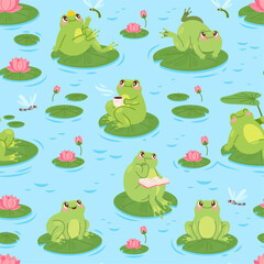 Cartoon frog pattern. Cute funny frogs seamless wallpaper, toad in water pond with swamp lily lotus baby children abstract print fabric textile, doodle swanky vector illustration