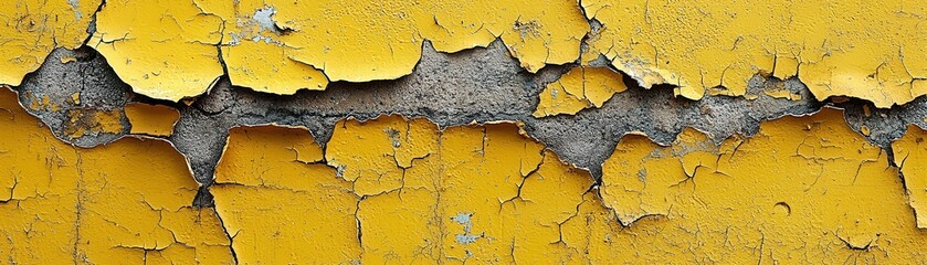 Obraz premium A bold image of a heavily cracked and aged yellow-painted beton wall, with layers of paint peeling away to reveal coarse concrete, perfect for a grunge-themed design or background.