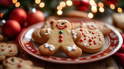 Obraz premium Traditional Gingerbread Cookies with Icing on Festive Christmas Plate
