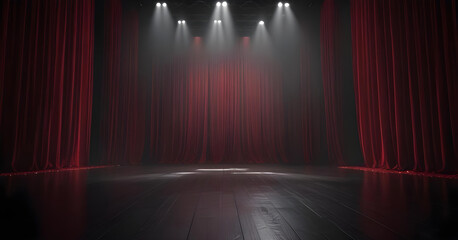 A dimly lit theater stage with red curtains and overhead spotlights, creating an atmosphere of anticipation and drama in an empty auditorium.
