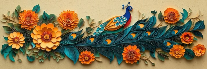 Diwali Banner with Paper-Cut Marigold and Peacock Feather Rangoli on Subtle Beige Background