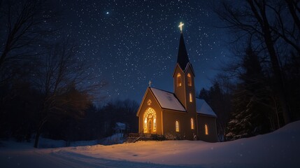 Serene Church Illuminated on a Starry Winter Night during Christmas