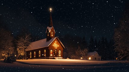 Naklejka premium Peaceful Church Illuminated Under a Starry Night with Falling Snow During Christmas