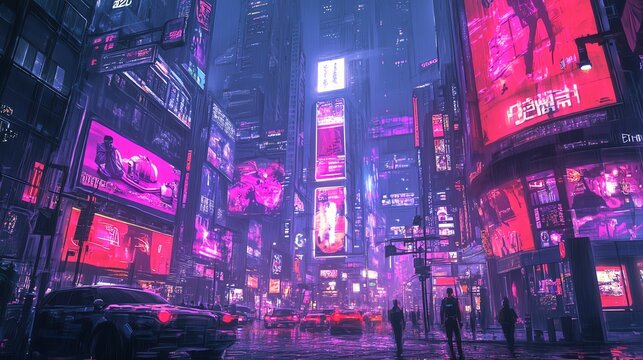 Futuristic city street with towering buildings and vibrant neon signs, creating a dazzling and futuristic atmosphere. - Powered by Adobe
