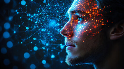 Side View Portrait of Man with Neon Network Nodes on Face, Artificial Intelligence Concept, Dark Blue Background, Futuristic Technology, Human-Machine Connection, Innovation Theme
