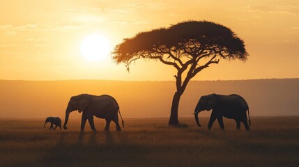 Fototapeta premium Two elephants walk across a savanna at sunset