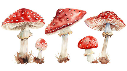 Watercolor vintage style red mushroom set  isolated on white background with full depth of field