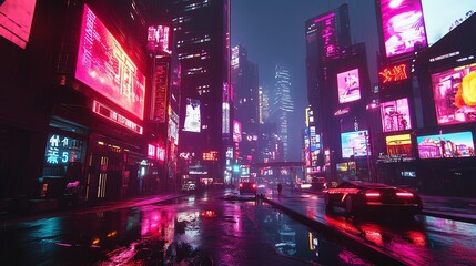 A futuristic city street at night, glowing with neon signs and rain reflecting the vibrant colors.