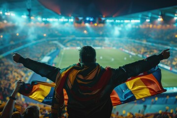 A person holding a flag in front of a group of people, possibly during a protest or rally