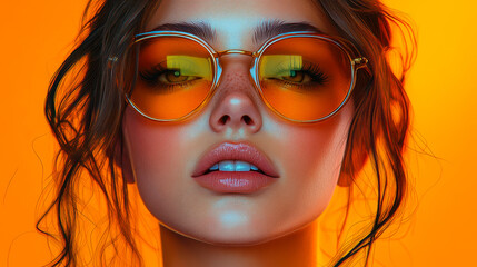 Vibrant Pop Art Portrait of Stylish Woman in Golden Sunglasses on Bright Orange Background, Retro...