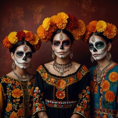 A group of people dressed and made up for the traditional Mexican day of remembrance of all the dead, Día de Muertos