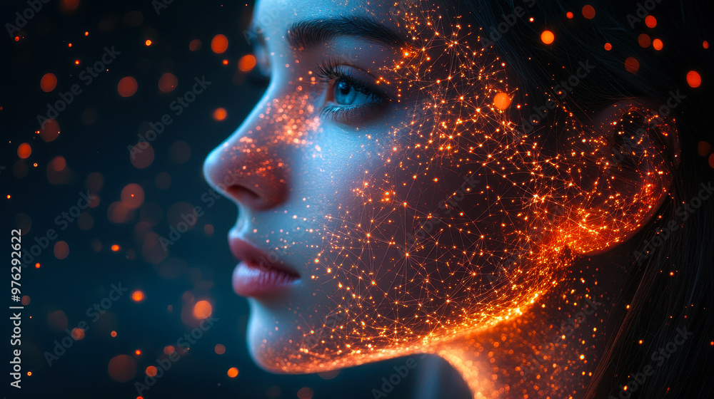 Poster side profile of woman with glowing neon network nodes and interconnected pathways on dark background