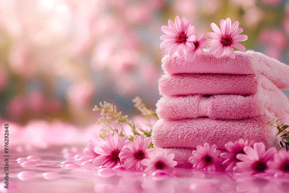 Poster A stack of soft pink towels is neatly arranged alongside delicate flowers in a tranquil spa environment, creating a calming and inviting atmosphere