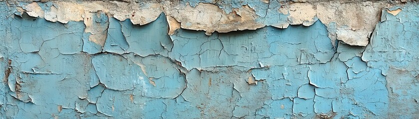 Obraz premium An aged and distressed blue beton wall, its surface cracked and chipped, with large sections of faded paint revealing the coarse, weathered concrete beneath, conveying a sense of decay and time-worn