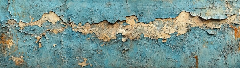 Obraz premium An aged and distressed blue beton wall, its surface cracked and chipped, with large sections of faded paint revealing the coarse, weathered concrete beneath, conveying a sense of decay and time-worn