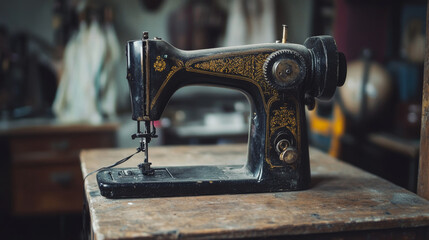 Vintage sewing machine with black thread on a grungy work table. Tailor's workspace. 