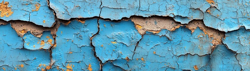 Obraz premium A heavily cracked blue-painted concrete wall, with layers of paint peeling off in irregular patterns, exposing the rough beton beneath, creating a raw and gritty urban texture.