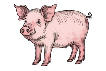 Fototapeta premium A pink pig stands on a clean white surface