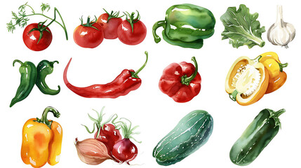 Vintage style Watercolor Fruit and Vegetables Set  illustration on white background. Vegetarian Diet Food with Vitamins. Fresh Vegetables 