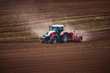 Fototapeta premium Farmer with tractor seeding crops at field