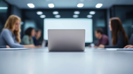 laptop in front table in a meeting room. The room has whiteboards and a large computer monitor