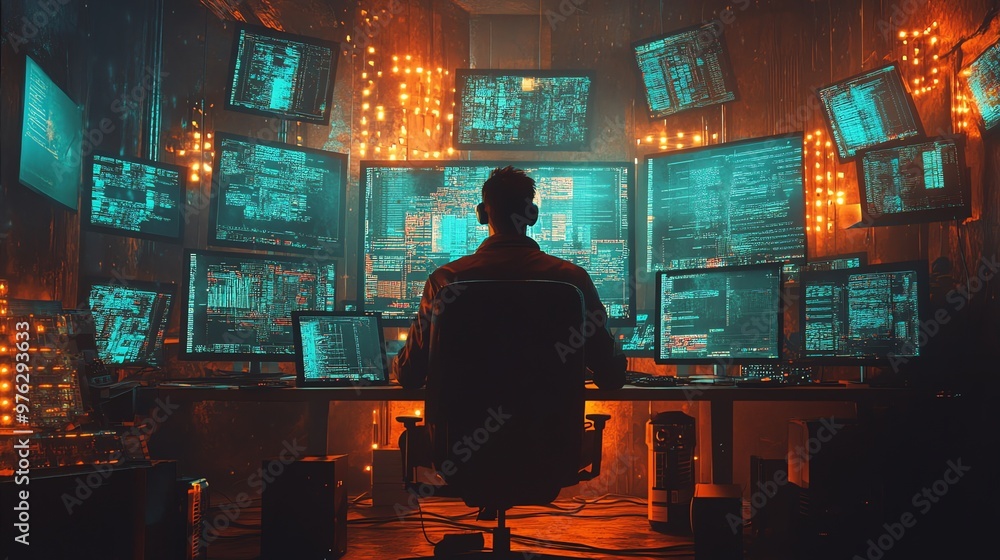 Aufkleber a hacker sits at a computer in a dark room surrounded by glowing screens.