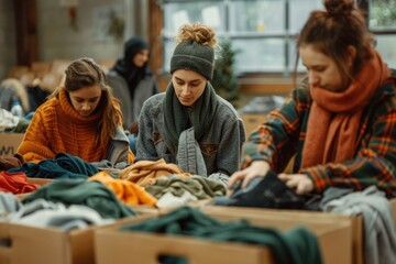 Group of women organizing and categorizing clothes in a room