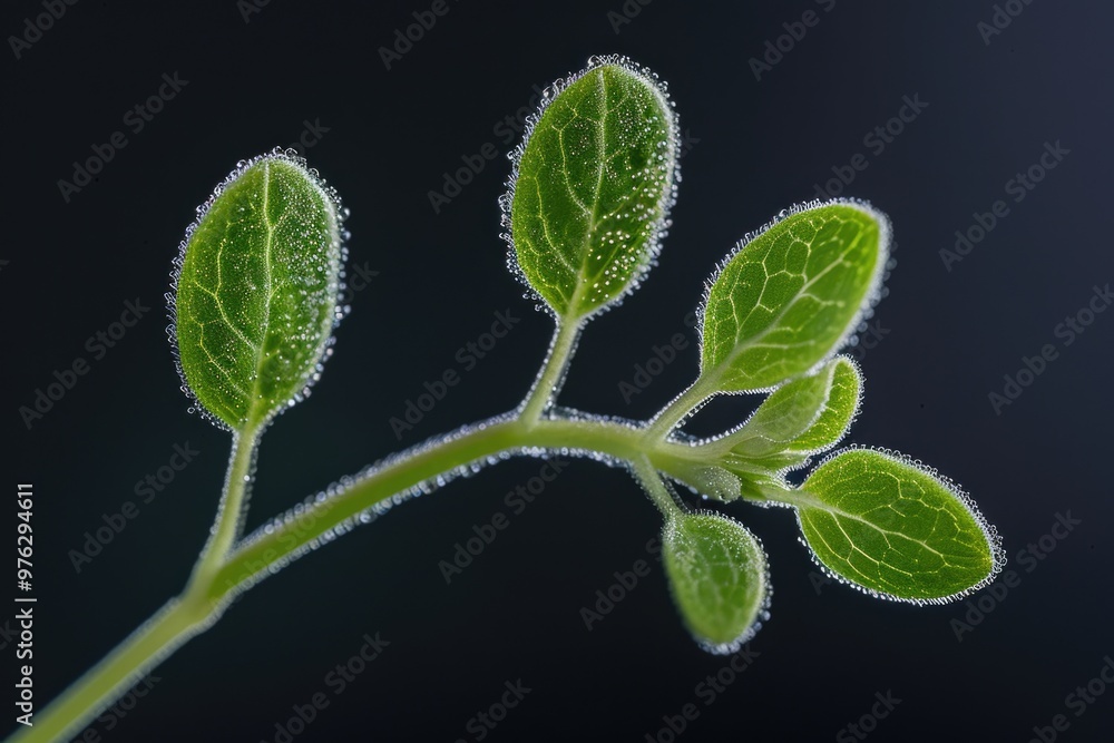 Poster a close-up view of a plant covered in frost, suitable for use as a background or to add winter wonde