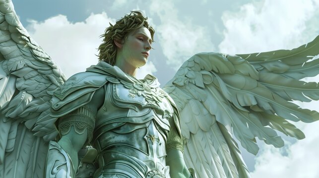 Majestic Archangel Saint Rafael Dressed in White Armor with Large Wings Against a Cloudy Sky
