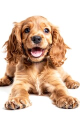 A brown dog is lying down on a white surface, providing a simple and straightforward image