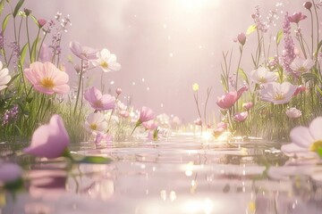 Tranquil pond surrounded by blooming wildflowers. Nature scenery with peaceful, serene atmosphere
